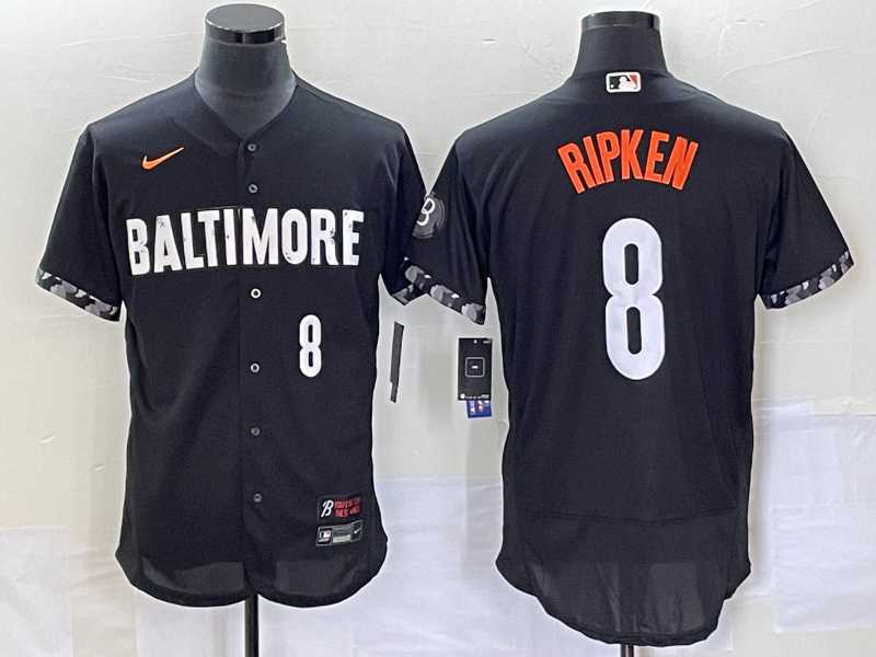 Mens Baltimore Orioles #8 Cal Ripken Jr Number Black 2023 City Connect Flex Base Stitched Jersey